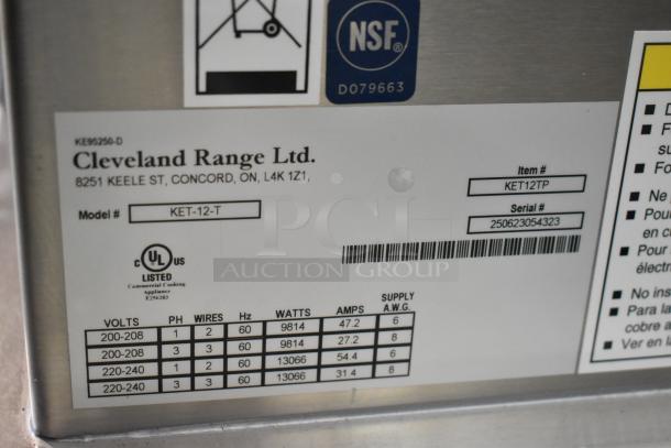 Cleveland KET-12-T 12 Gallon Tilting Kettle, 2025 model, new condition, UL listed, 208/240V, 1 Phase, serial #250623054323.