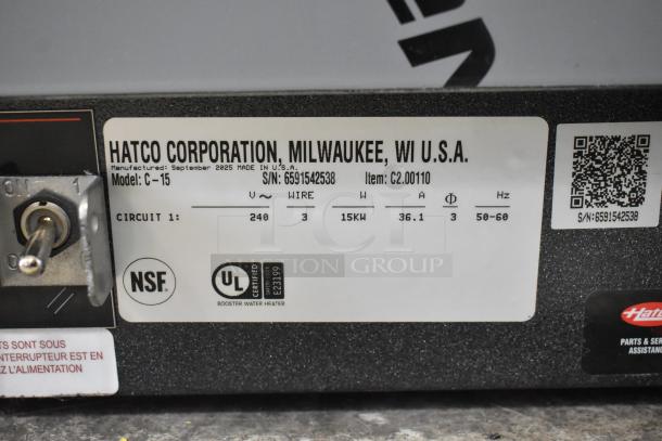 Hatco C-15 Compact Booster Water Heater label, showing 240V, 15kW, 3-phase details and certifications.