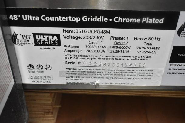 BRAND NEW Cooking Performance Group Ultra Series 48" electric griddle. Model 351GUCPG48M, chrome plated, 208/240V, 1 Phase.