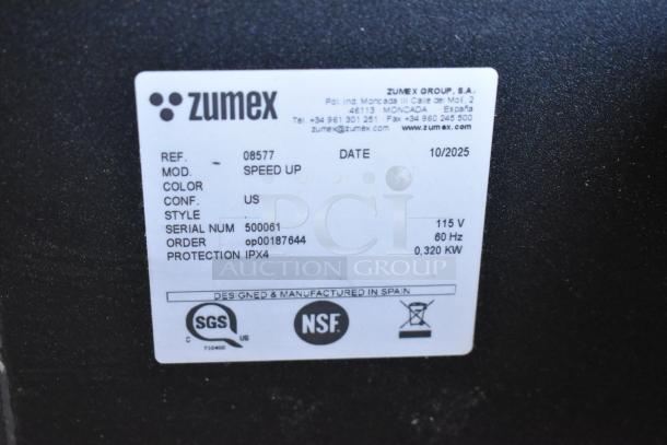 Zumex 08577 Speed Up Juicer label, showing model, serial number, voltage 115V, 60Hz, and IPX4 protection. Made in Spain.