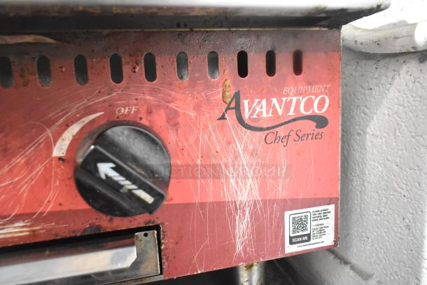 Avantco Chef Series countertop griddle with visible wear on control panel; features dial with on/off settings and QR code label.