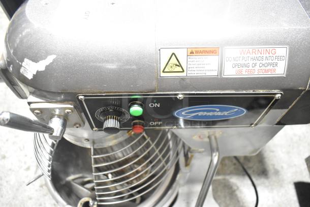 General GEM120 20-quart dough mixer with bowl, guard, paddle, whisk, warnings, and controls. 110V, 1 phase. Good condition.