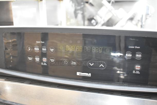 Kenmore 790.47873405 electric double wall oven control panel, broken glass visible, 120/208-240 volts.