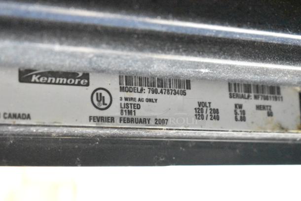 Kenmore 790.47873405 electric double wall oven label, 120/208-240V, with broken glass noted.