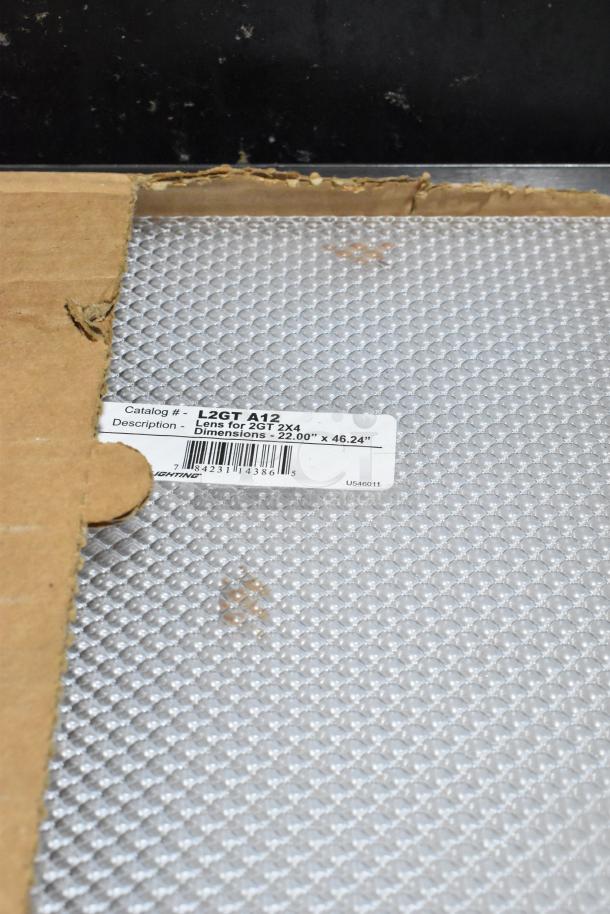 Lithonia Lighting L2GT A12 lens for 2x4 light fixture, dimensions 22"x46.24", in original packaging, visible label.
