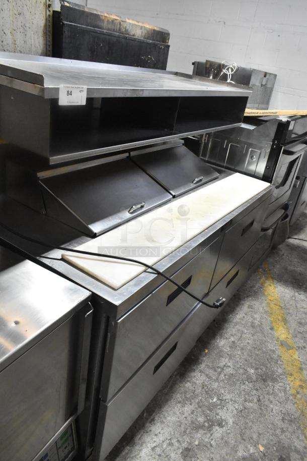Delfield commercial sandwich salad prep table, mega top with 4 drawers, over-shelf, on casters. 115V, 1 phase.
