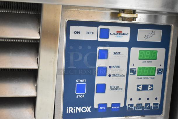 Irinox commercial single door blast chiller control panel with probe. Features ON/OFF buttons and settings for soft, hard, hard plus, and shock freezing. 208 volts, 1 phase.