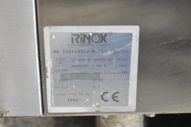Irinox Commercial Single Door Blast Chiller label, showing model 040500026, 208V, 1 Phase, R404A refrigerant, IP44 rated.