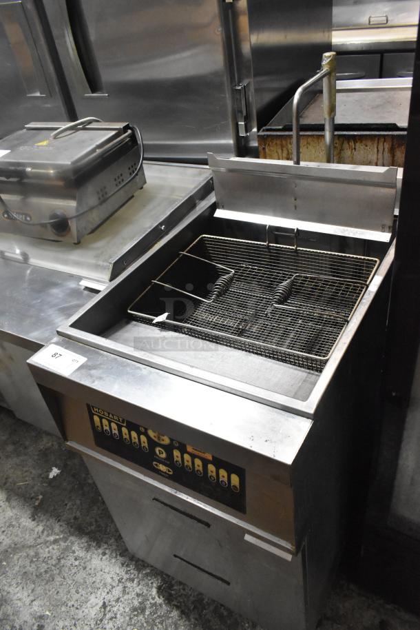 Hobart 1HF85C commercial deep fat fryer, floor style, electric-powered, 208 volts. Features dual baskets, stainless steel.