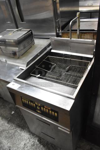 Hobart 1HF85C commercial deep fat fryer, floor style, electric-powered, 208 volts. Features dual baskets, stainless steel.