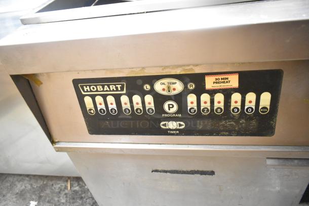 Hobart 1HF85C commercial electric fryer control panel, oil temp, program, and timer settings, 30 min preheat label.