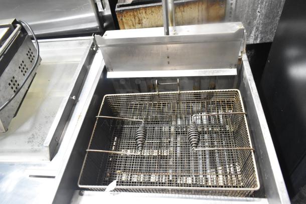 Hobart 1HF85C commercial electric fryer, floor model, 208 volts, shows interior with wire basket, stainless steel, used condition.
