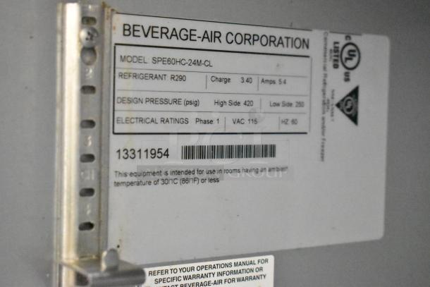 Beverage Air SPE60HC-24M-CL label showing refrigerant R290, design pressure, electrical ratings, and use conditions.