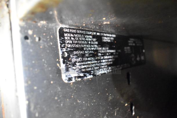 Vulcan VGM18B gas griddle label showing model and BTU details. Used condition, suitable for commercial kitchen use.