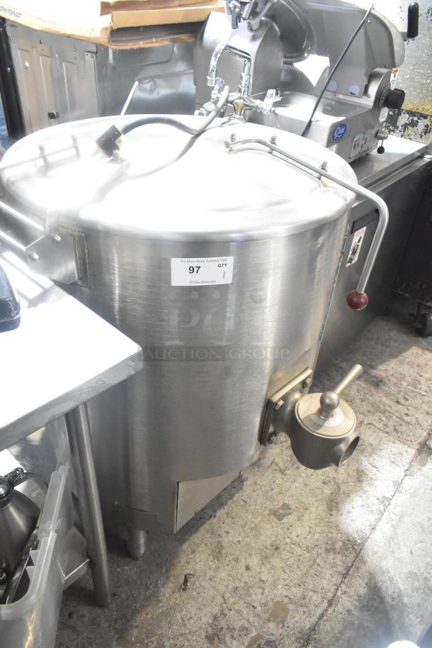 Vulcan GL40E Commercial 40 Gallon Steam Kettle, 105,000 BTU, stainless steel, floor model, visible valve and handle, auction tag.