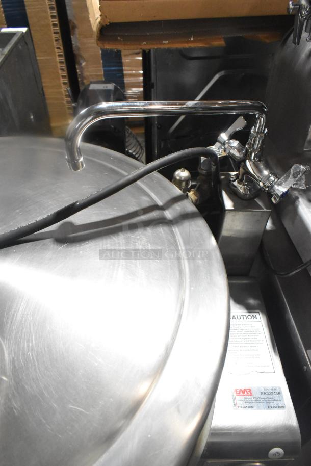Vulcan GL40E 40 Gallon Steam Kettle, 105,000 BTU, stainless steel, commercial, with faucet and visible caution label.