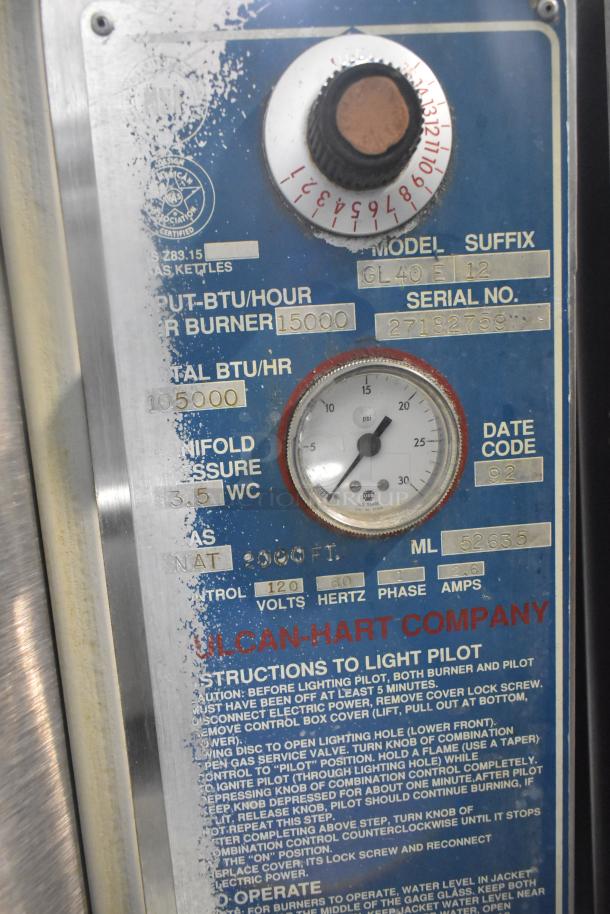 Vulcan GL40E Commercial 40 Gallon Steam Kettle, 105,000 BTU. Features dial and gauge, model and serial number labels visible.