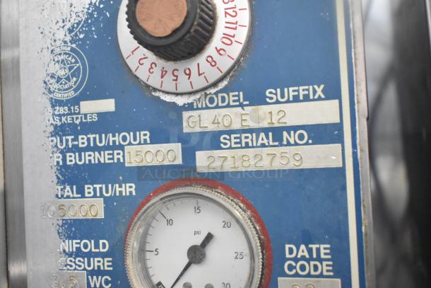 Vulcan GL40E Steam Kettle label showing model GL40E 12, serial number 27182759, 105,000 BTU output, pressure gauge.