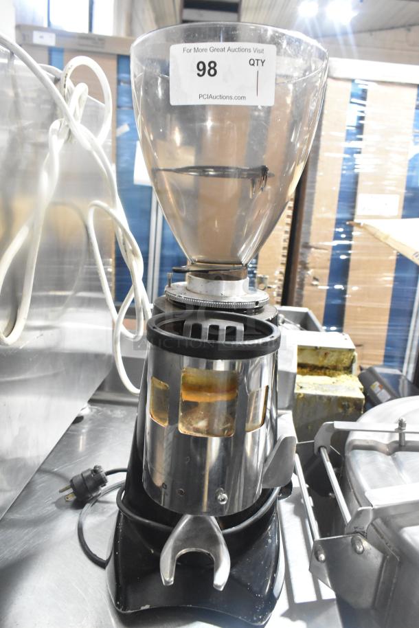 Sanremo SR50A commercial espresso bean grinder, no lid, 115V, 1 phase, countertop model, visible wear, lot tag on hopper.