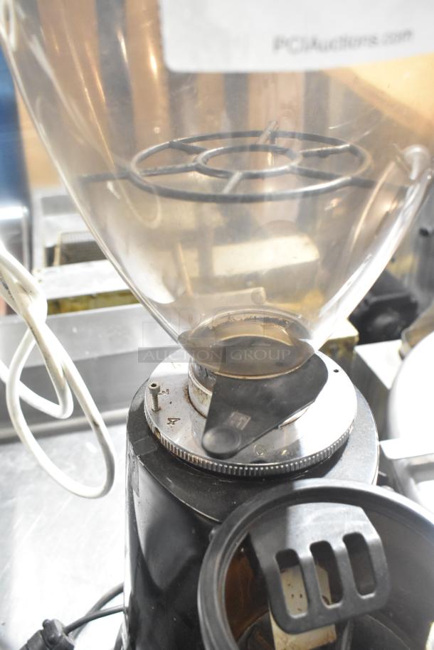 Sanremo SR50A commercial espresso bean grinder, no lid, 115 volts, 1 phase, showing wear with visible wiring.