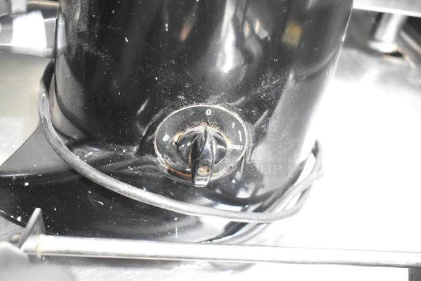 Sanremo SR50A espresso bean grinder, black, no lid, 115V, 1 phase, visible start dial, some wear.