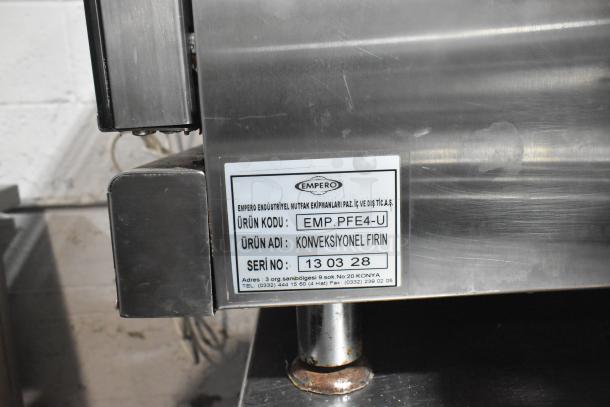Empero EMP.PFE4-U countertop convection patisserie oven, stainless steel, with label showing model and serial number. 208V, 1-phase.