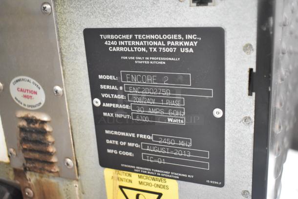 Turbochef Encore 2 rapid cook oven, model ENC2D02759, 208/240V, 1 phase, 30 amps, 6700 watts, manufactured Aug 2013.