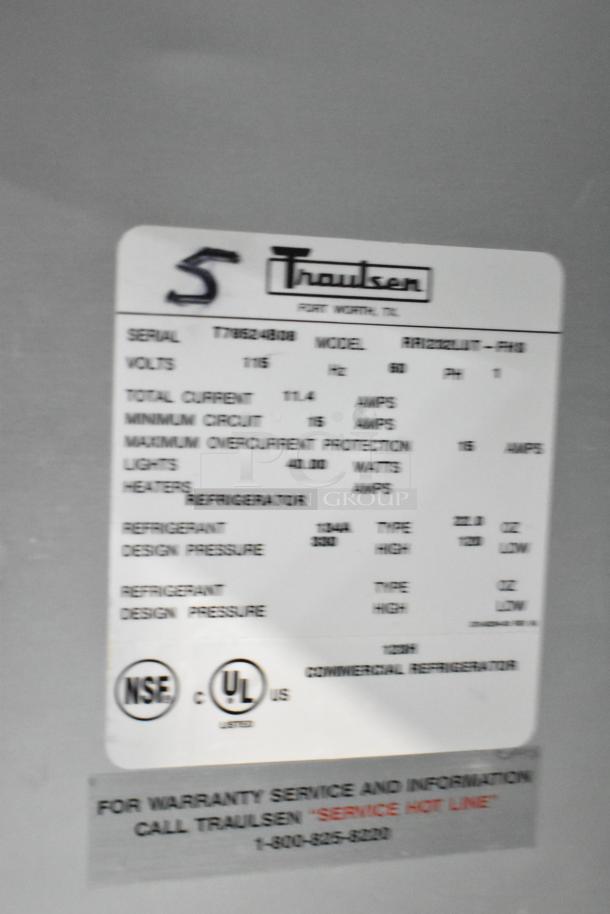 Traulsen RRI232LUT-FHS commercial 3-door reach-in freezer label, 115 volts, 1 phase, model and specs detailed.