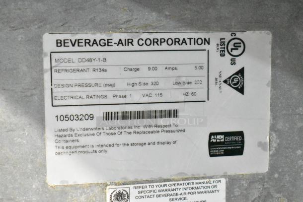 Beverage Air DD48Y-1-B kegerator label. UL listed, refrigerant R134a, 115V, 1 Phase. Includes design pressure and electrical ratings.