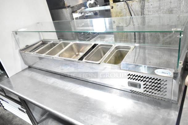 KoolMore refrigerated rail with sneeze guard, stainless steel, 115V, 1 phase, digital display, clean condition.