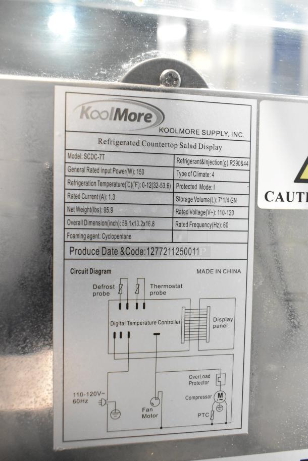 KoolMore Commercial Countertop Refrigerated Rail, model SCDC-7T, 115V, sneeze guard, 59.1x13.2x16.8 in, label with specs.