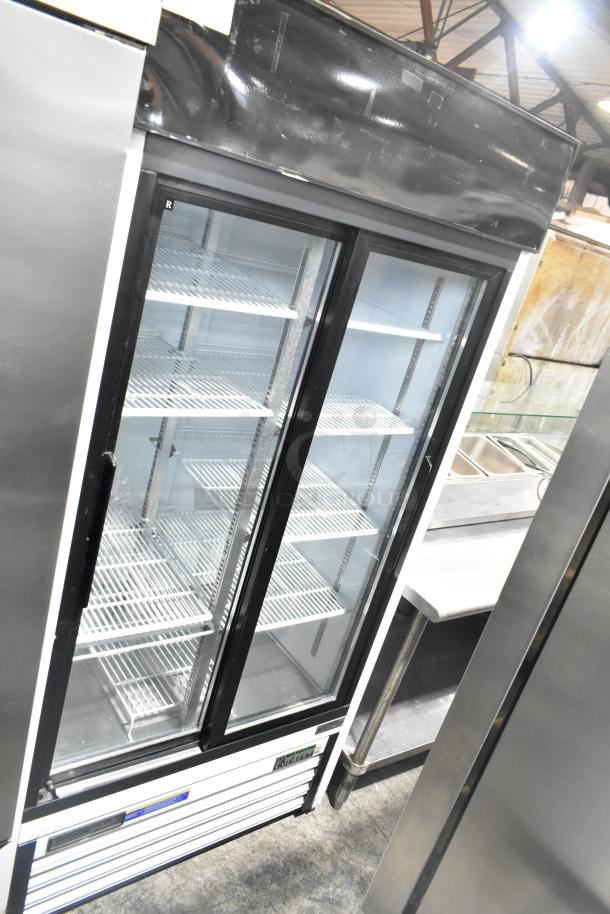 Everest EMGR33 commercial 2-door reach-in cooler merchandiser with glass doors, metal shelves, and 115 volts, 1 phase power.