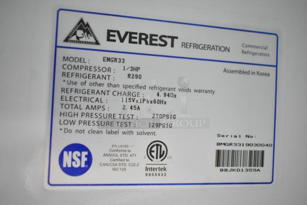 Alt text: Everest EMGR33 commercial cooler tag, 2 doors, 115V, R290 refrigerant, 1/3 HP compressor, NSF certified.