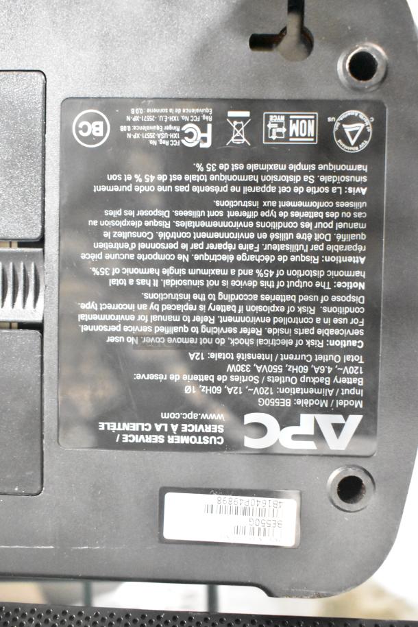 Label of APC Uninterruptible Power Supply model BE550G, 120V, 550VA, 330W. Markings show input/output details and standards.