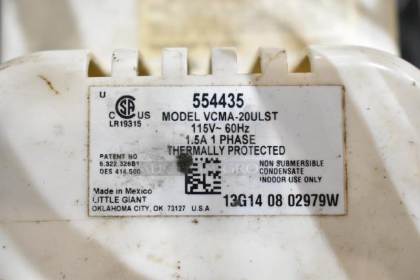 Little Giant VCMA-20ULST Pump label, 115V, 1 phase, thermally protected, made in Mexico. Model details and certifications visible.
