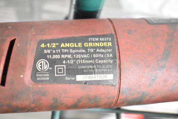 4-1/2" angle grinder, black label: item 60372, 11,000 RPM, 120VAC, 60Hz, 5A, 115mm capacity. Serial number: 374641926.