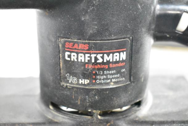 Craftsman Finishing Sander, 1/6 HP, orbital motion, 1/3 sheet, high speed, visible wear, Sears branding.