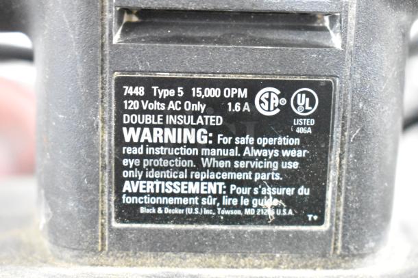 Label on Black and Decker tool, model 7448, Type 5, 15,000 OPM, 120V AC, 1.6A. Instructions and safety warnings visible.