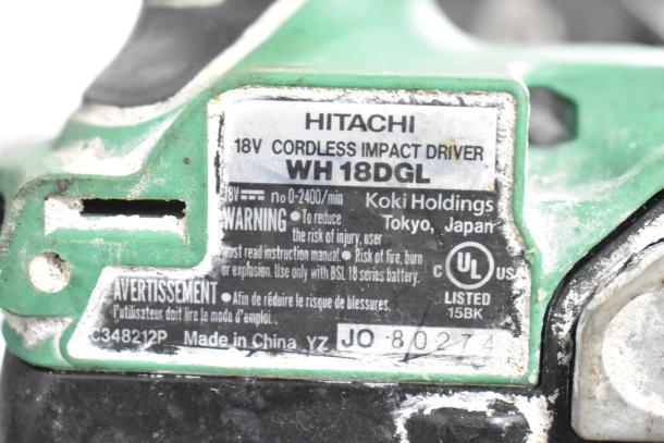 Hitachi 18V Cordless Impact Driver WH18DGL, label showing model, warnings, and UL certification. Used condition.