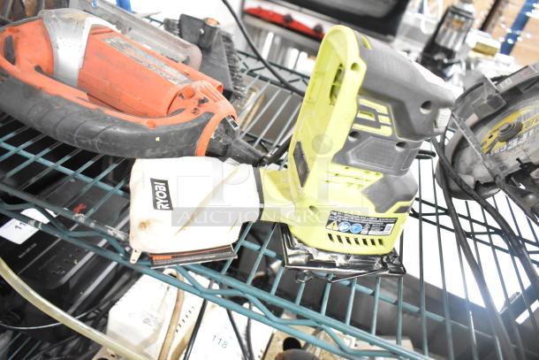 8 various power tools including Ryobi tool, Craftsman sander, Black and Decker sander, Skilsaw saw, in used condition.