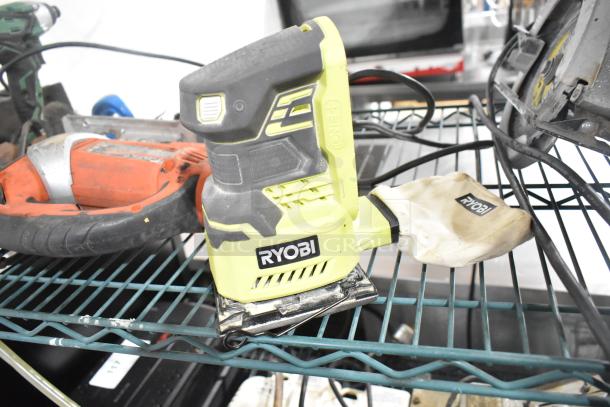 8 assorted tools including Ryobi sander, angle grinder, Hitachi impact driver, and Skilsaw. Various conditions.