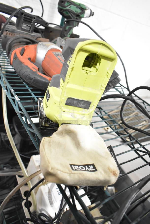 Collection of 8 tools including angle grinder, Craftsman and Black & Decker sanders, Hitachi impact driver, and Skilsaw.