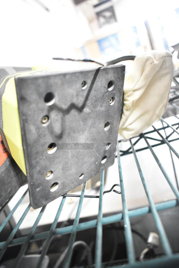 Eight assorted tools including an angle grinder, Craftsman finishing sander, Black and Decker sander, Hitachi cordless impact driver, Black and Decker 3/8" drill, and Skilsaw saw. Condition: used, visible wear.