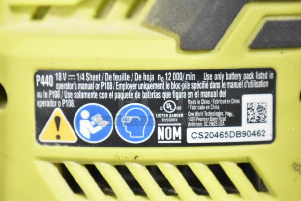 Label on a power tool indicating model P440, 18V, 1/4 sheet sander, 12,000/min. Use only P108 battery pack. Made in China, UL listed.