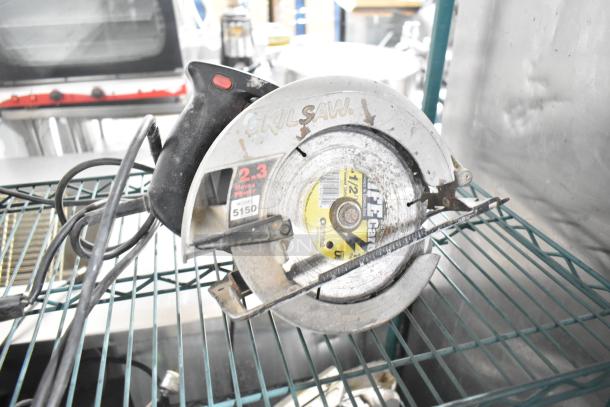 Skilsaw circular saw, 2.3 horsepower, model 5150, showing usage wear, on a metal shelf.