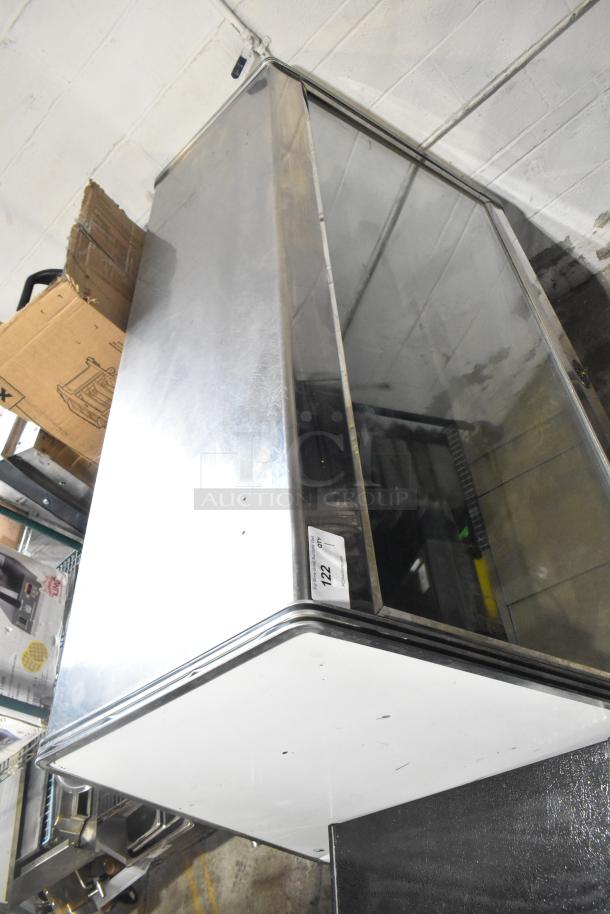 Marc Commercial Floor Style Deli Display Case Merchandiser, stainless steel finish, glass panel, 115 volts, 1 phase, visible wear.