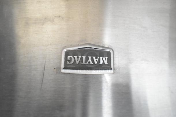 Maytag MIM1555ZRS 0 ice machine, self-contained, stainless steel exterior, 115 volts, 1 phase, Maytag logo visible.