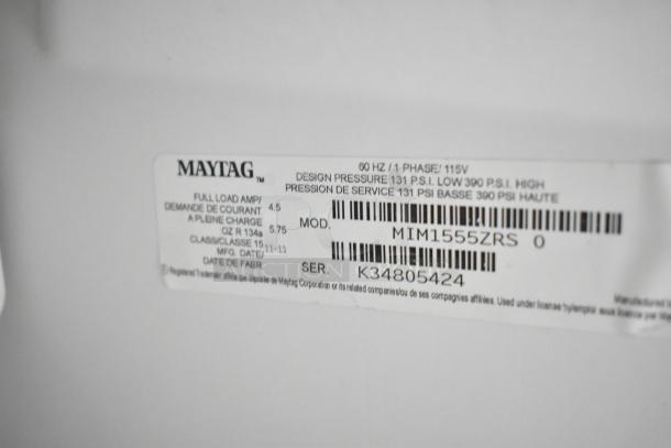 Maytag MIM1555ZRS 0 self-contained ice machine label, showing model, voltage, and serial number details.