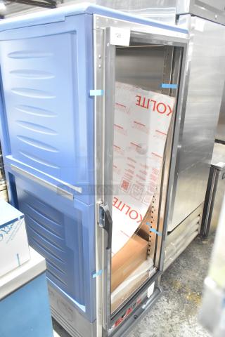 Brand new Metro C539-HLFC-U C5 insulated hot holding cabinet, missing glass, on commercial casters, blue finish.