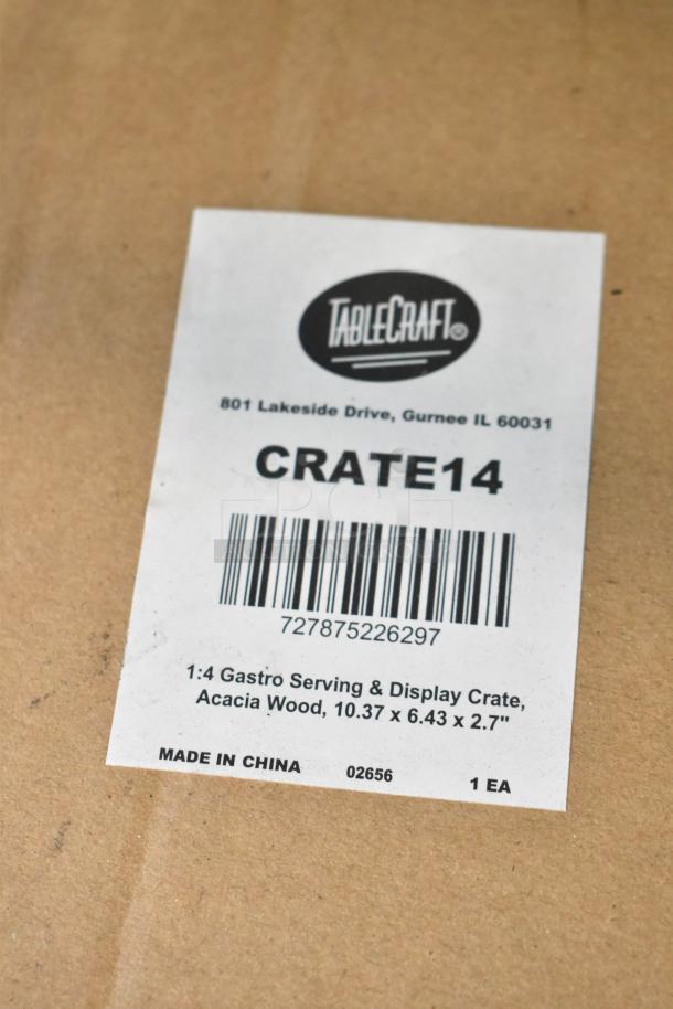 Tablecraft CRATE14 label on box, 1:4 Gastro Serving & Display Crate, Acacia Wood, dimensions 10.37x6.43x2.7 inches, made in China.
